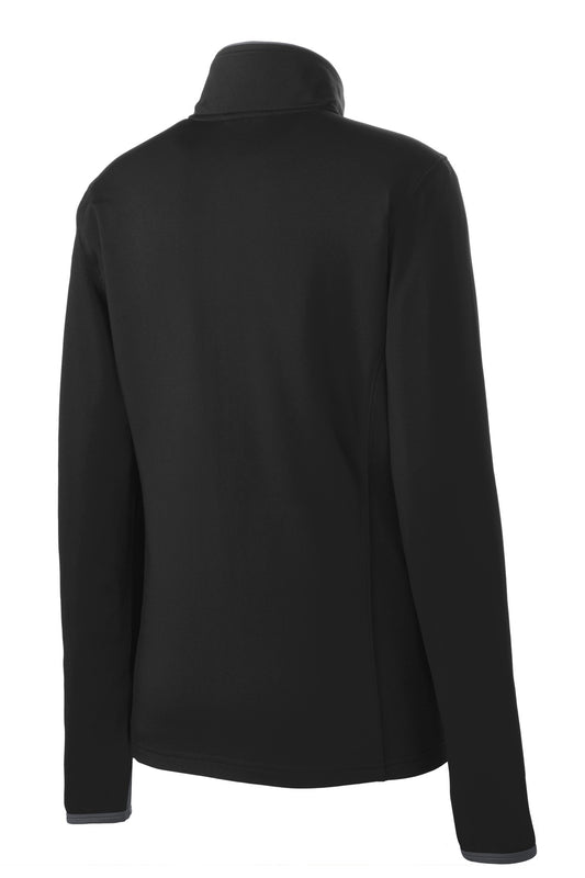 Rear View of Blk/Char Grey Sport-Tek Women's Sport-Wick Stretch Contrast Full-Zip Jacket. LST853
