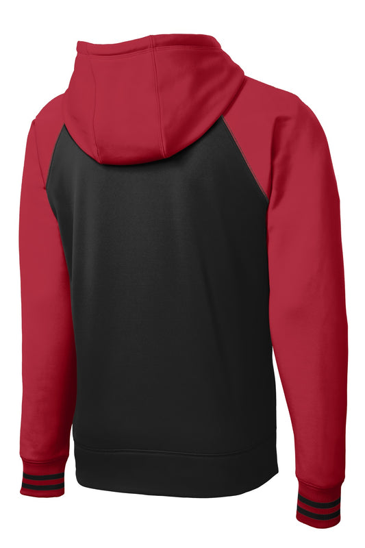 Rear View of Blk/Deep Red Sport-Tek Sport-Wick Varsity Fleece Full-Zip Hooded Jacket. ST236