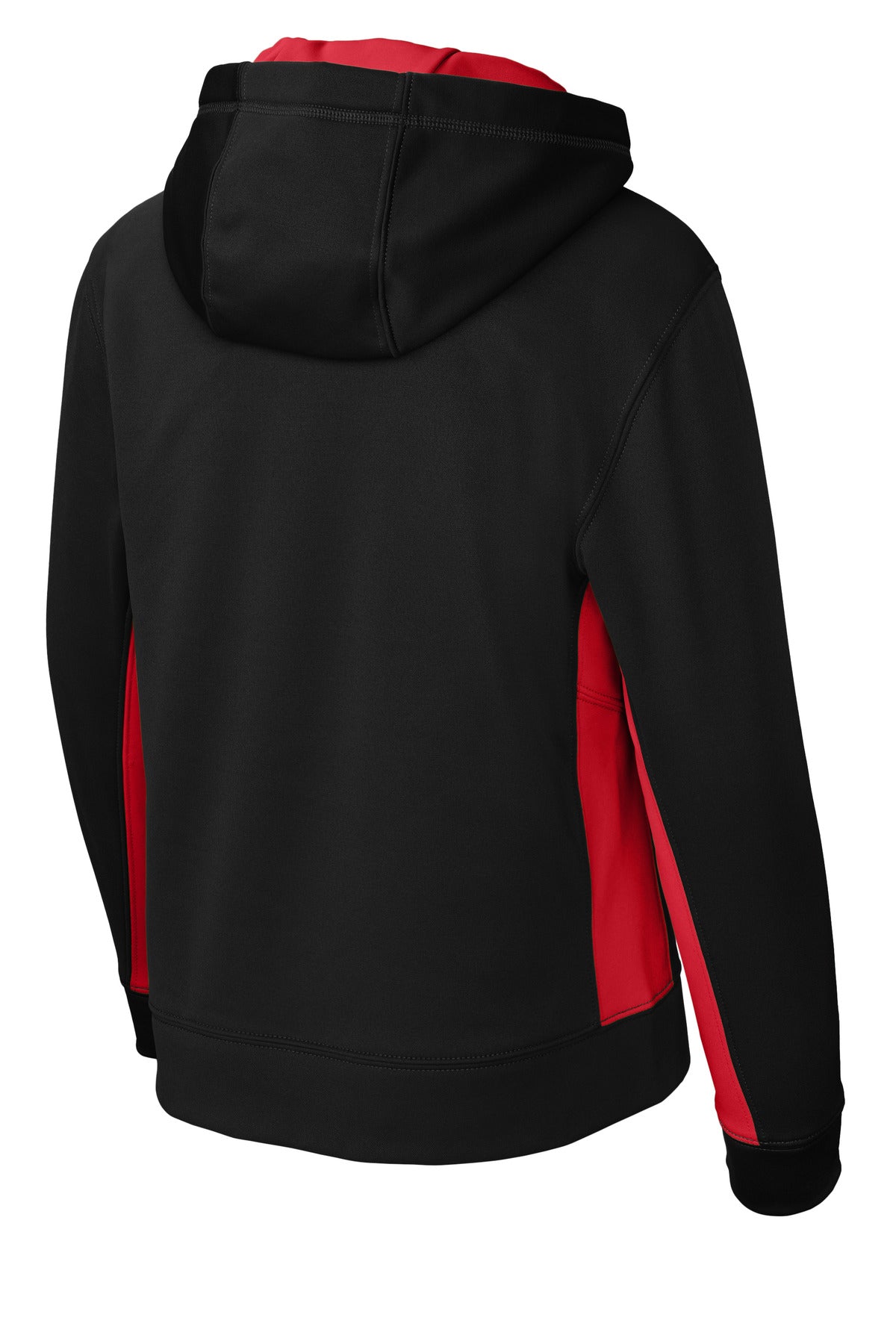 Rear View of Blk/Deep Red Sport-Tek Youth Sport-Wick Fleece Colorblock Hooded Pullover. YST235