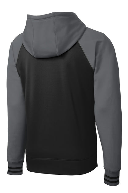 Rear View of Blk/Dk Smk Gry Sport-Tek Sport-Wick Varsity Fleece Full-Zip Hooded Jacket. ST236