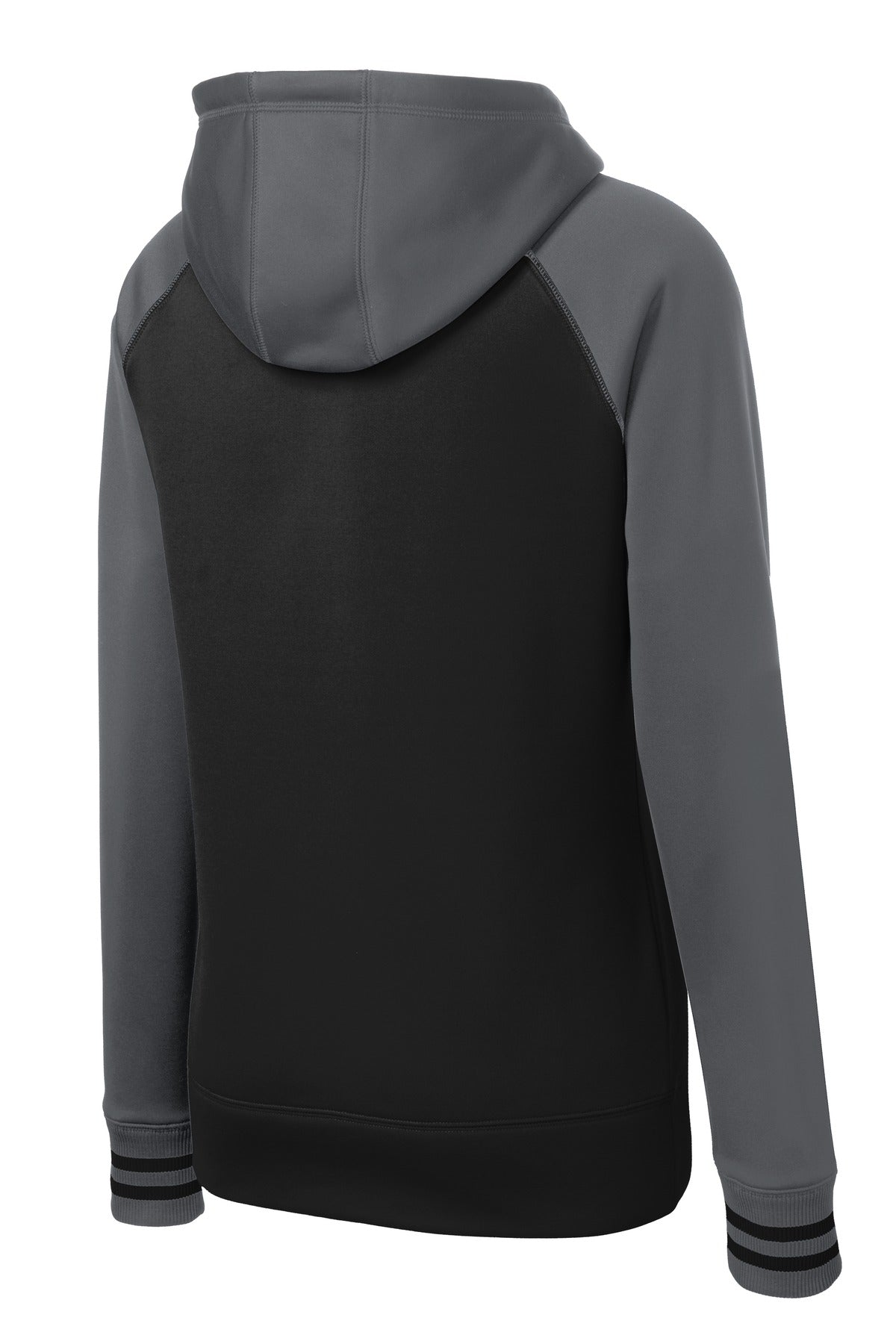 Rear View of Blk/Dk Smk Gry Sport-Tek Women's Sport-Wick Varsity Fleece Full-Zip Hooded Jacket. LST236