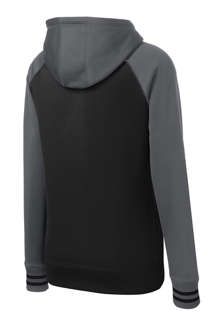 Rear View of Blk/Dk Smk Gry Sport-Tek Women's Sport-Wick Varsity Fleece Full-Zip Hooded Jacket. LST236