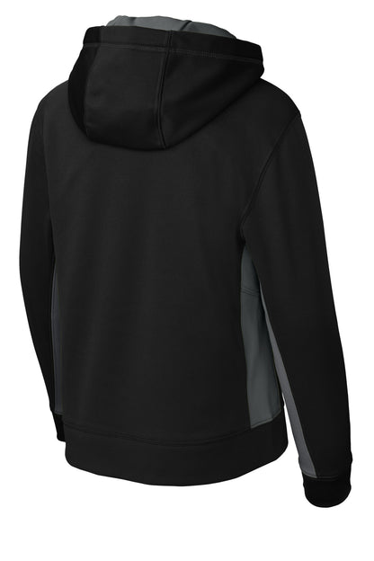 Rear View of Blk/Dk Smk Gry Sport-Tek Youth Sport-Wick Fleece Colorblock Hooded Pullover. YST235