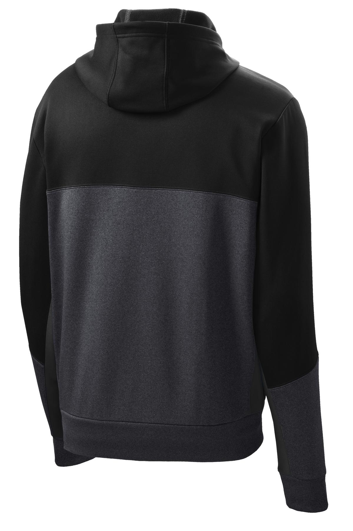 Rear View of Blk/Gph/Black Sport-Tek Tech Fleece Colorblock Full-Zip Hooded Jacket. ST245