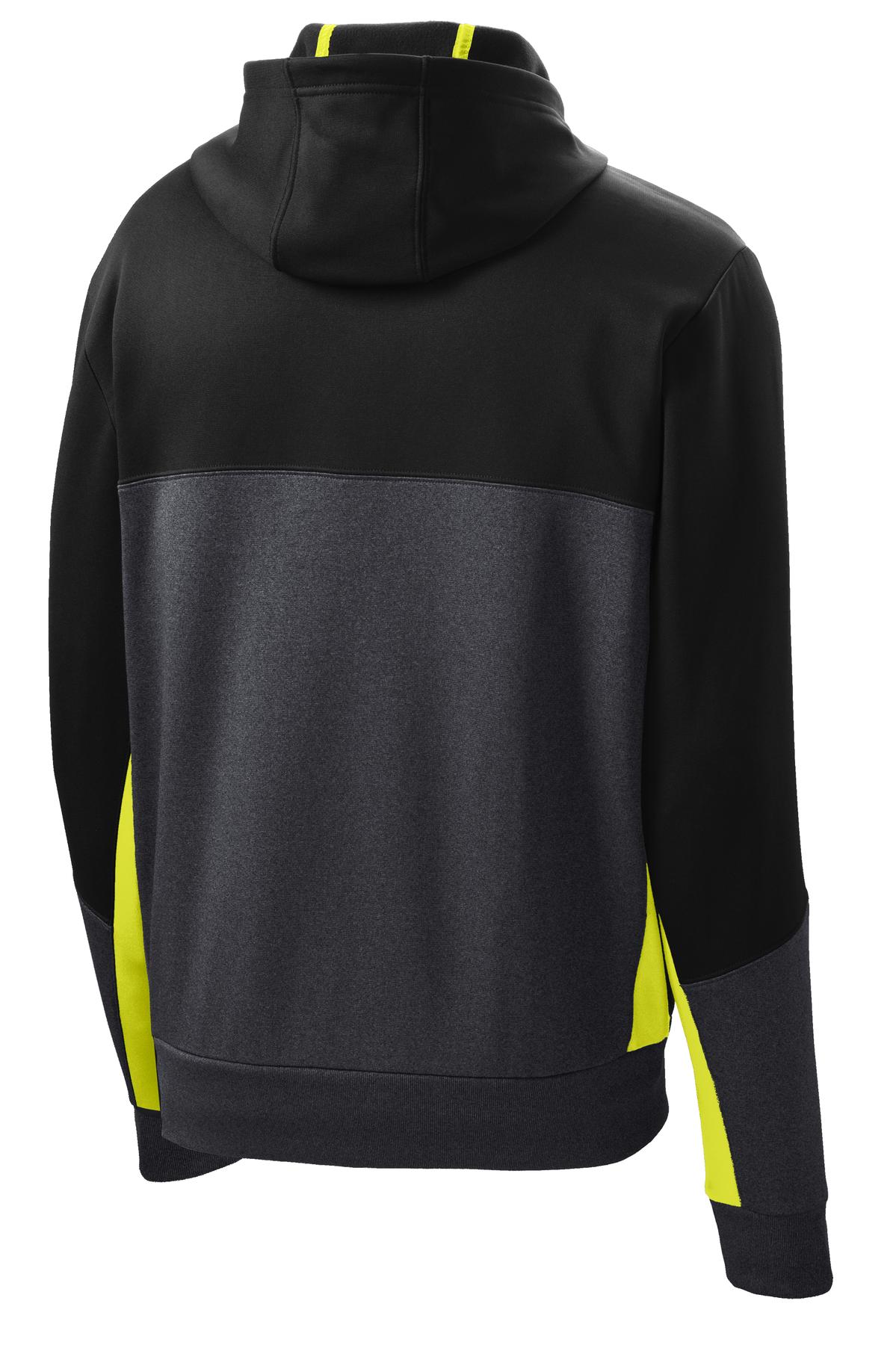 Rear View of Blk/Gph/Citron Sport-Tek Tech Fleece Colorblock Full-Zip Hooded Jacket. ST245