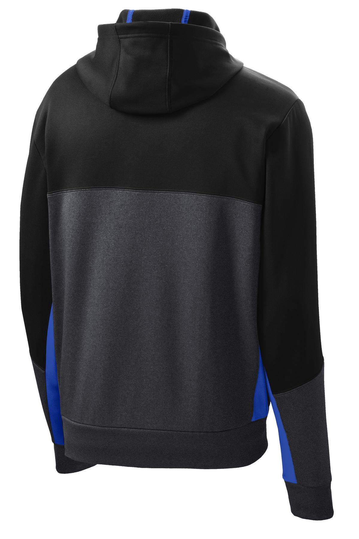 Rear View of Blk/Gph/Tr Ryl Sport-Tek Tech Fleece Colorblock Full-Zip Hooded Jacket. ST245