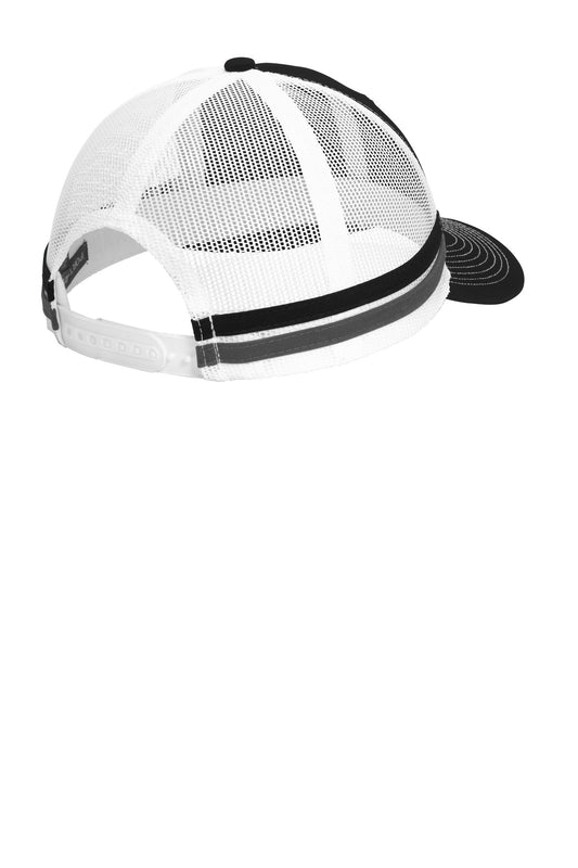 Rear View of Blk/Gry Stl/Wh Port Authority Two-Stripe Snapback Trucker Cap. C113