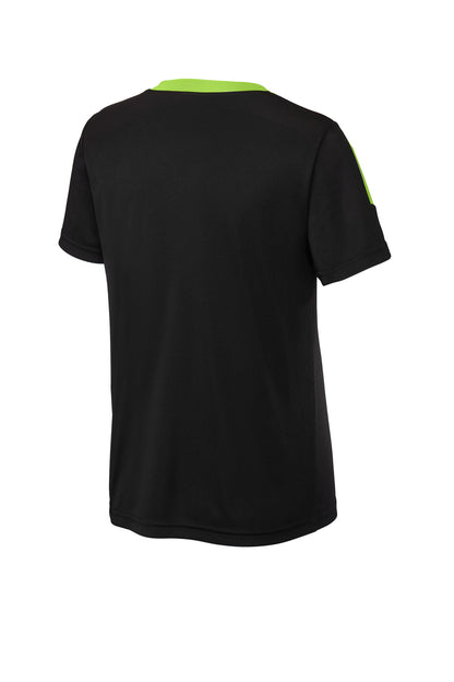 Rear View of Blk/LmShk Sport-Tek Youth Competitor United Crew YST100