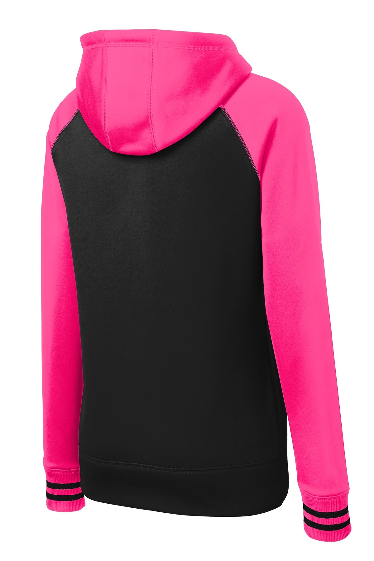 Rear View of Blk/Neon Pink Sport-Tek Women's Sport-Wick Varsity Fleece Full-Zip Hooded Jacket. LST236
