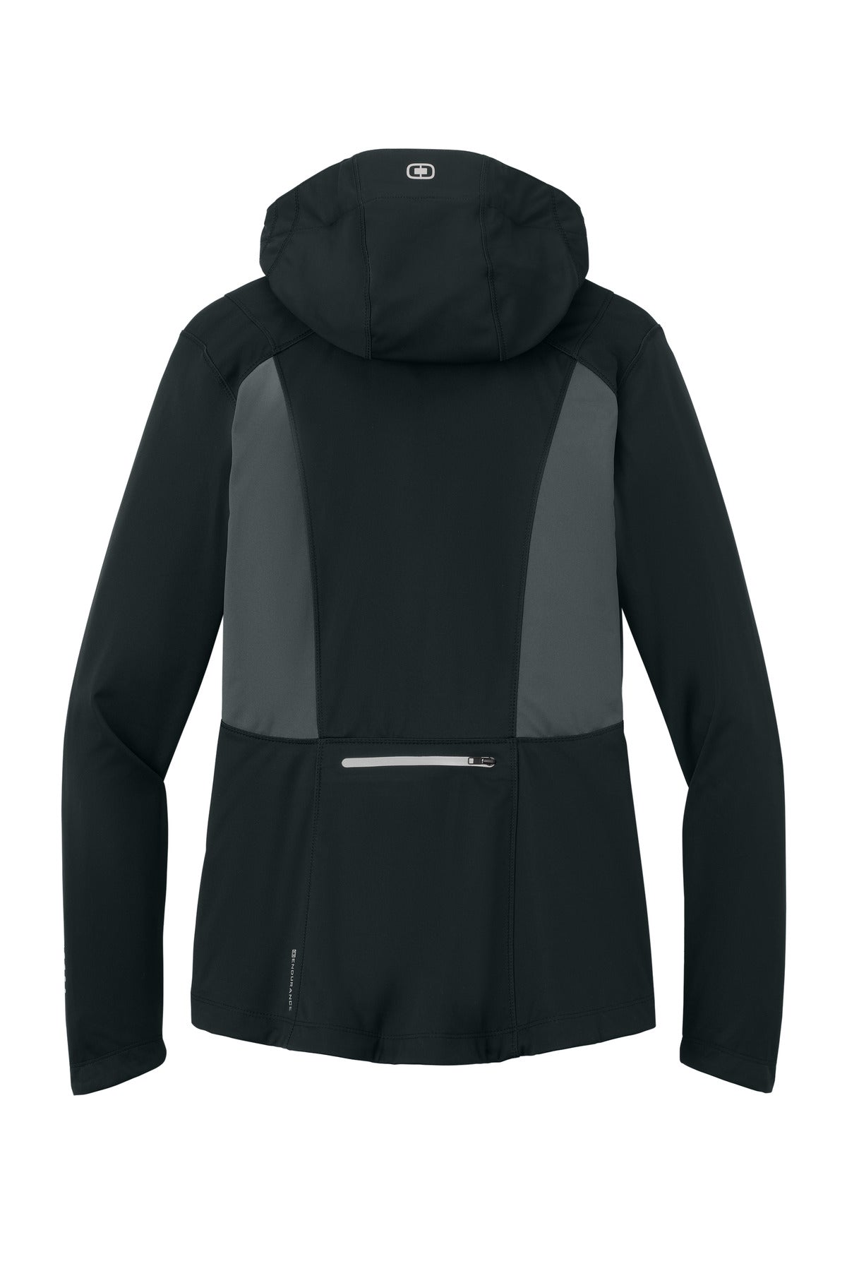 Rear View of Blktp/Gear Gry OGIO Women's Pivot Soft Shell. LOE721