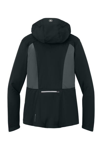 Rear View of Blktp/Gear Gry OGIO Women's Pivot Soft Shell. LOE721