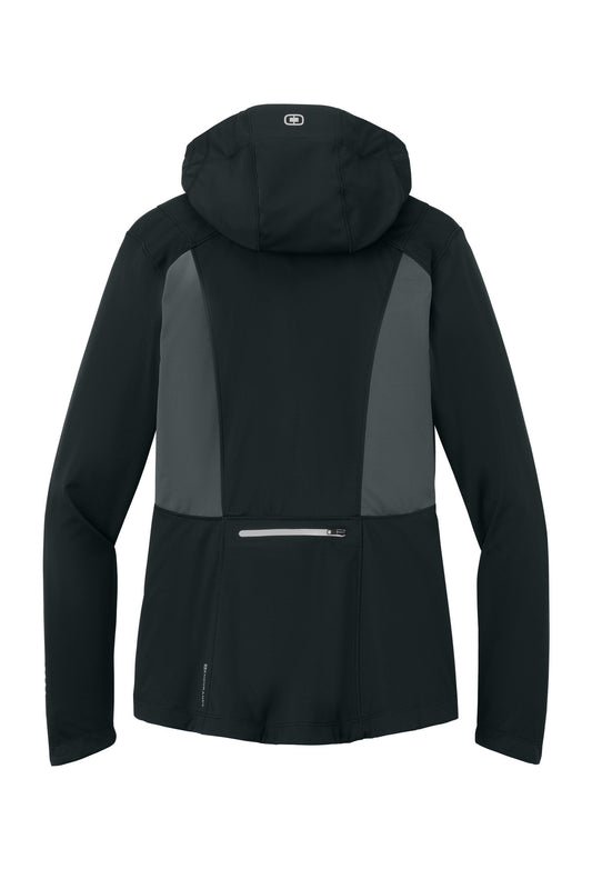 Rear View of Blktp/Gear Gry OGIO Women's Pivot Soft Shell. LOE721