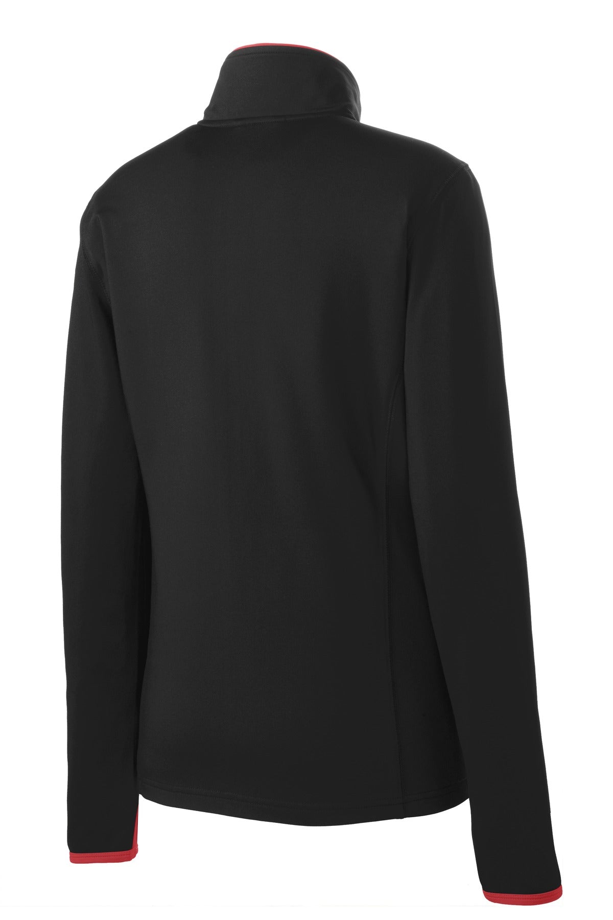 Rear View of Blk/True Red Sport-Tek Women's Sport-Wick Stretch Contrast Full-Zip Jacket. LST853