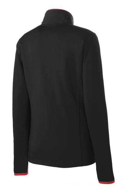 Rear View of Blk/True Red Sport-Tek Women's Sport-Wick Stretch Contrast Full-Zip Jacket. LST853