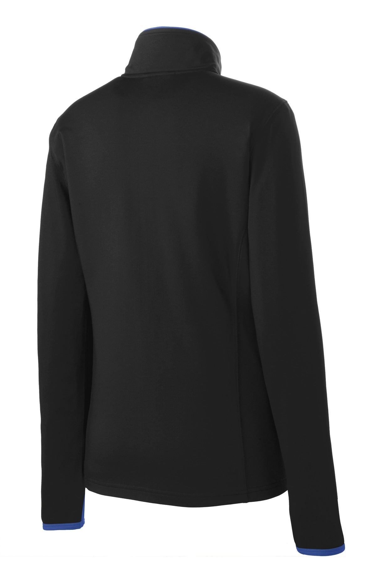 Rear View of Blk/True Royal Sport-Tek Women's Sport-Wick Stretch Contrast Full-Zip Jacket. LST853