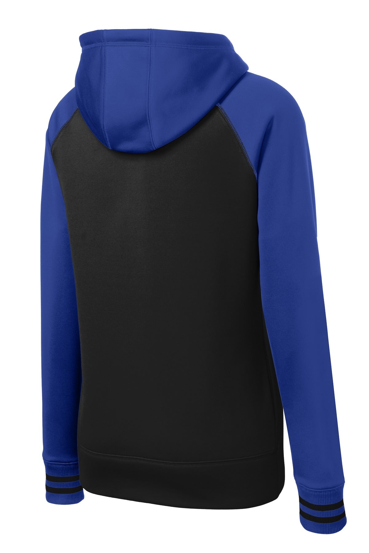 Rear View of Blk/True Royal Sport-Tek Women's Sport-Wick Varsity Fleece Full-Zip Hooded Jacket. LST236