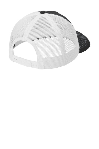 Rear View of Blk/White Port Authority Low-Profile Snapback 5-Panel Trucker Cap C115LP