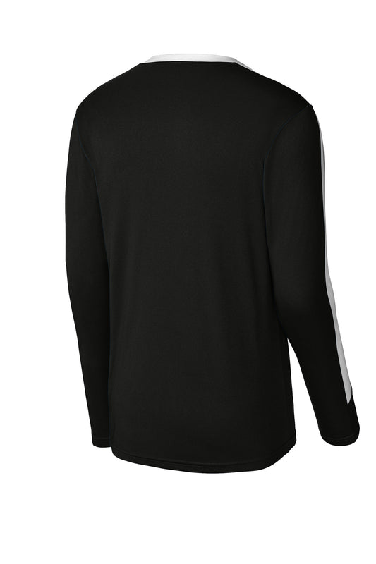 Rear View of Blk/White Sport-Tek Competitor United Long Sleeve Crew ST100LS