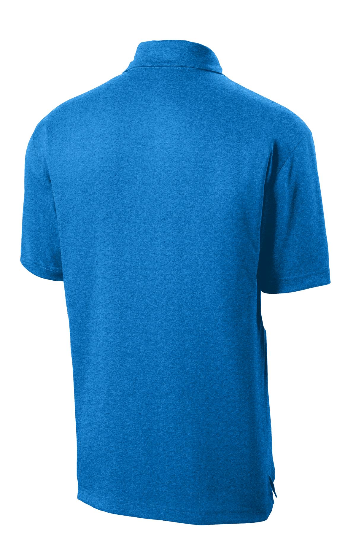 Rear View of Blue Wake Hthr Sport-Tek Heather Contender Polo. ST660