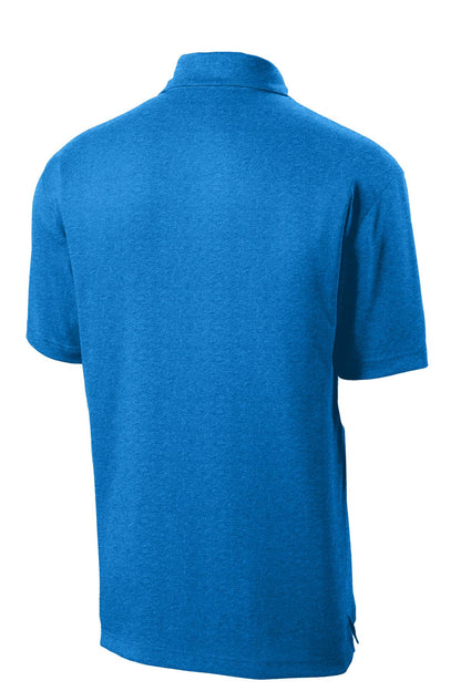 Rear View of Blue Wake Hthr Sport-Tek Heather Contender Polo. ST660