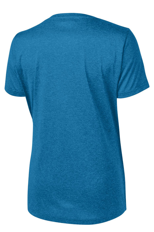 Rear View of Blue Wake Hthr Sport-Tek Women's Heather Contender Scoop Neck Tee. LST360