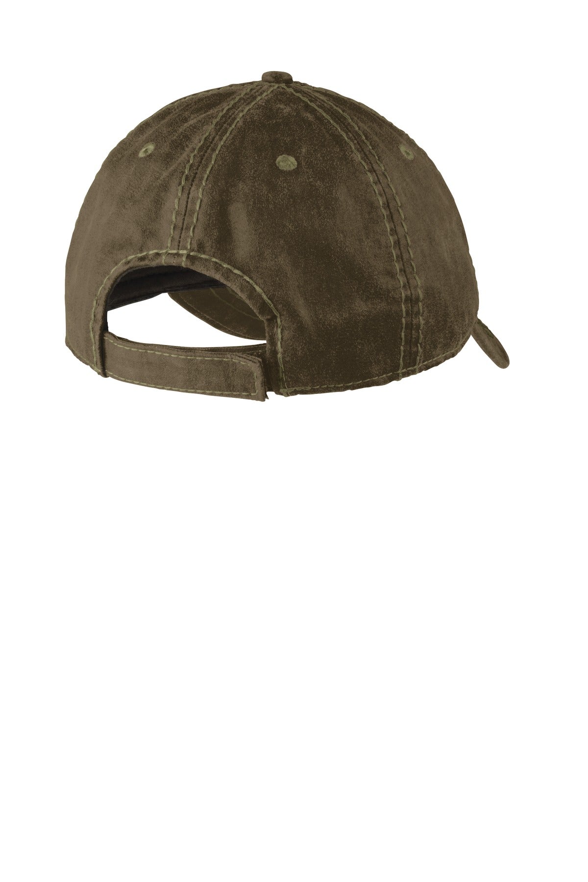 Rear View of Brown Port Authority Pigment Print Distressed Cap. C924