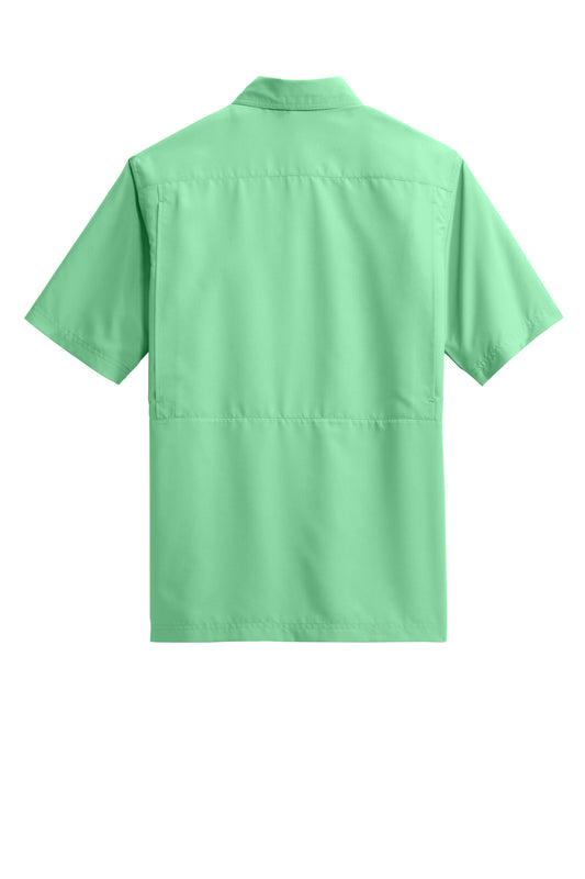 Rear View of BrtSeafoam Port Authority Short Sleeve UV Daybreak Shirt W961