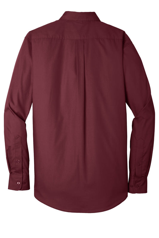 Rear View of Burgundy Port Authority Long Sleeve Carefree Poplin Shirt. W100