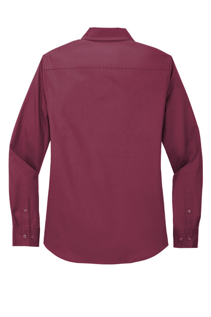 Rear View of Burgundy/Lt St Port Authority Women's Long Sleeve Easy Care Shirt. L608