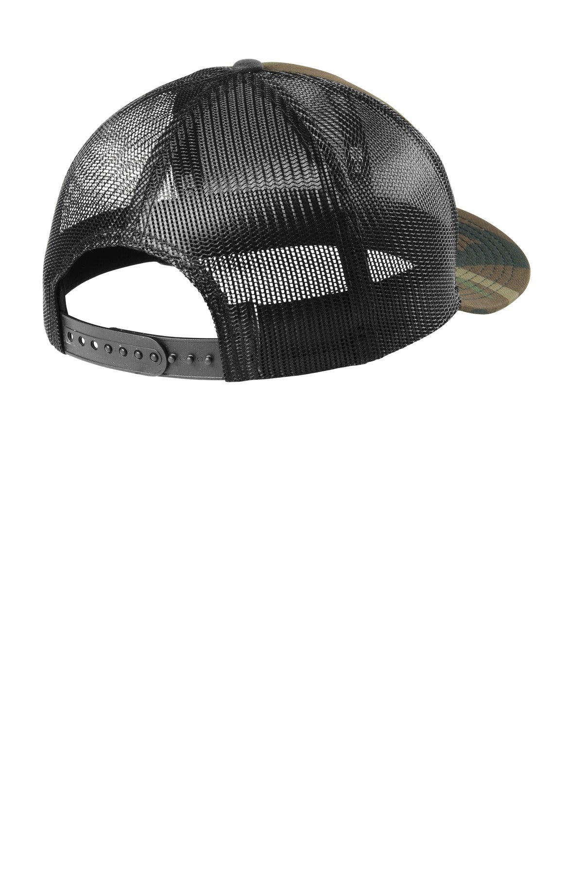 Rear View of Camo/Black New Era Snapback Low Profile Trucker Cap NE207