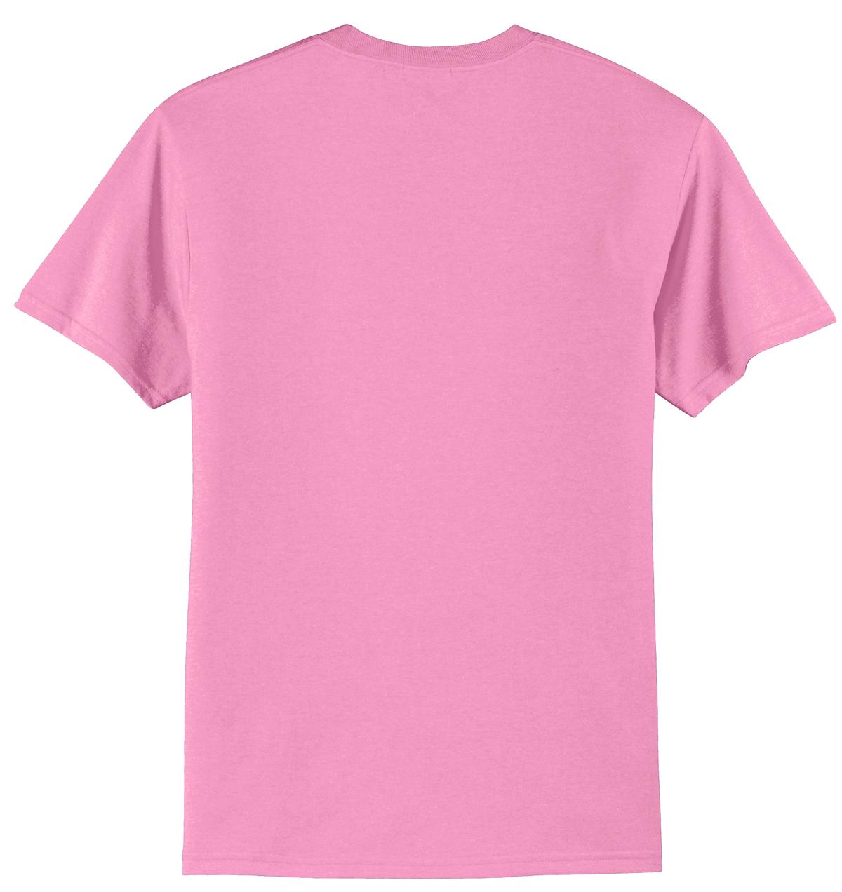 Rear View of Candy Pink Port & Company Tall Core Blend Tee. PC55T