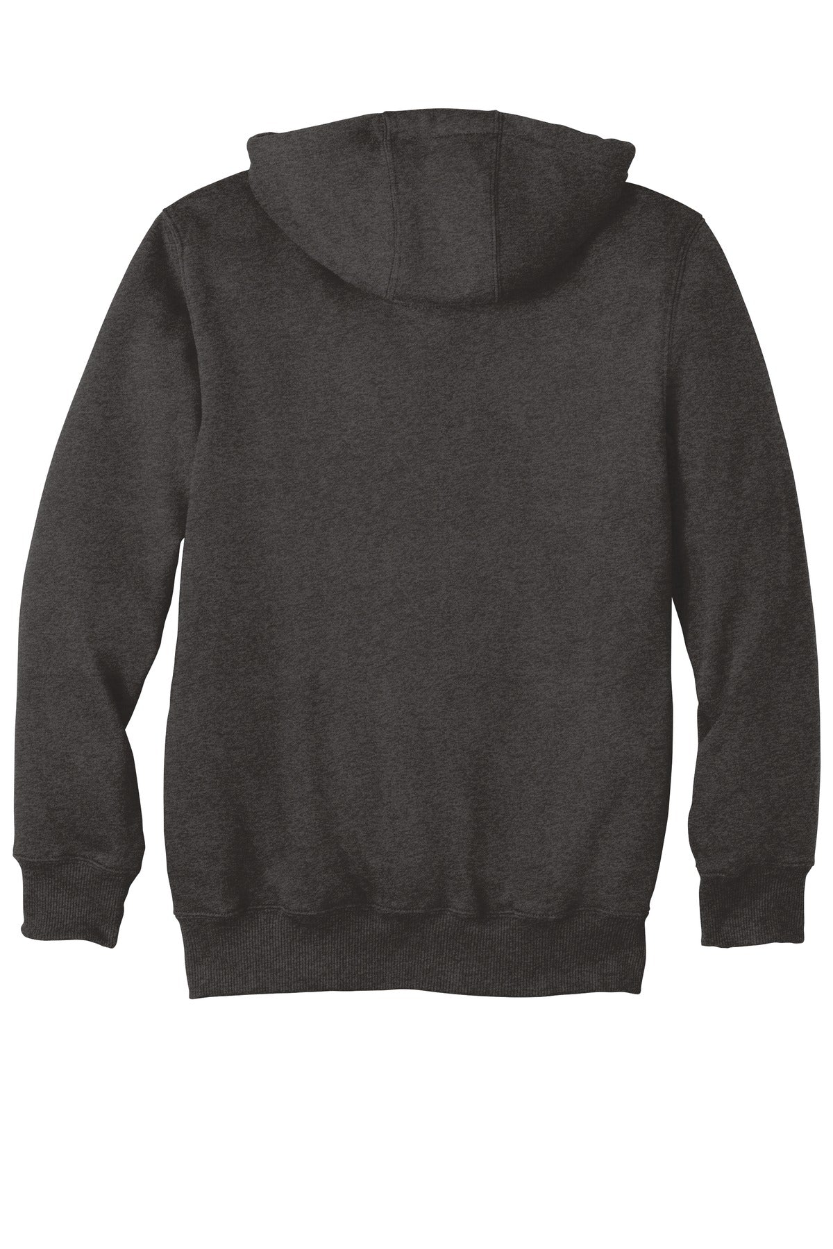 Rear View of Carbon Heather Carhartt Rain Defender Paxton Heavyweight Hooded Zip-Front Sweatshirt. CT100614