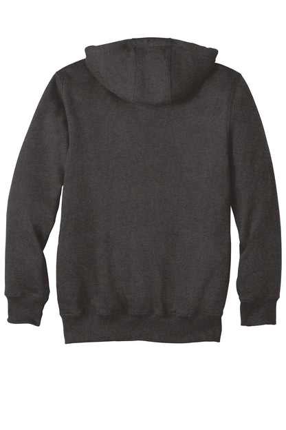 Rear View of Carbon Heather Carhartt Rain Defender Paxton Heavyweight Hooded Zip-Front Sweatshirt. CT100614