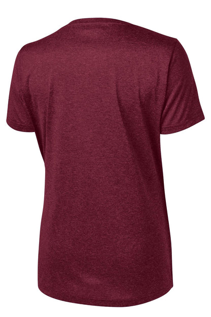 Rear View of Cardinal Hthr Sport-Tek Women's Heather Contender Scoop Neck Tee. LST360