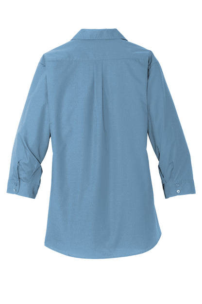 Rear View of Carolina Blue Port Authority Women's 3/4-Sleeve Carefree Poplin Shirt. LW102