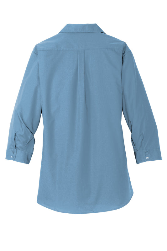Rear View of Carolina Blue Port Authority Women's 3/4-Sleeve Carefree Poplin Shirt. LW102