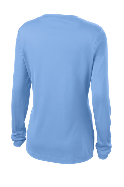 Rear View of Carolina Blue Sport-Tek Women's Long Sleeve PosiCharge Competitor V-Neck Tee. LST353LS