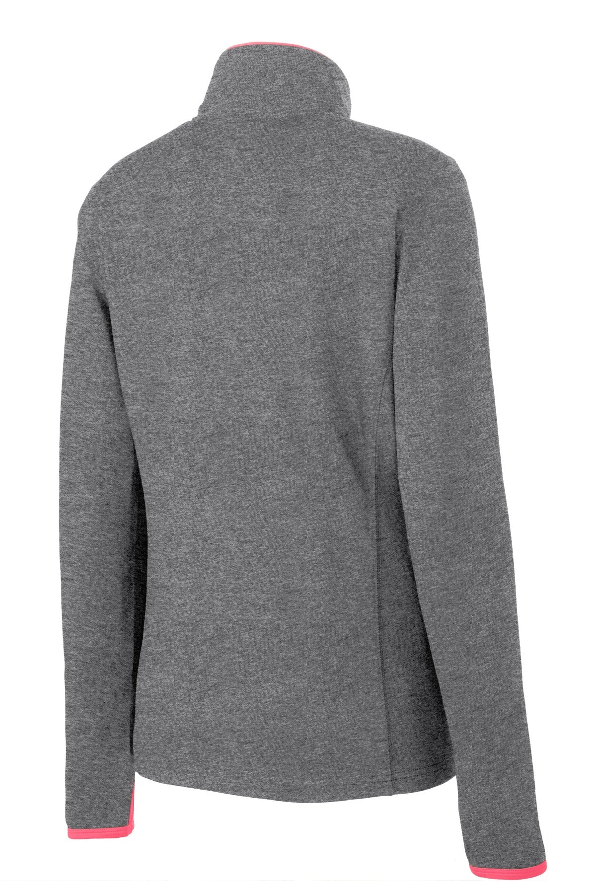 Rear View of CGH/Hot Coral Sport-Tek Women's Sport-Wick Stretch Contrast Full-Zip Jacket. LST853