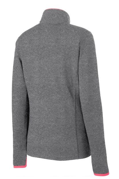 Rear View of CGH/Hot Coral Sport-Tek Women's Sport-Wick Stretch Contrast Full-Zip Jacket. LST853