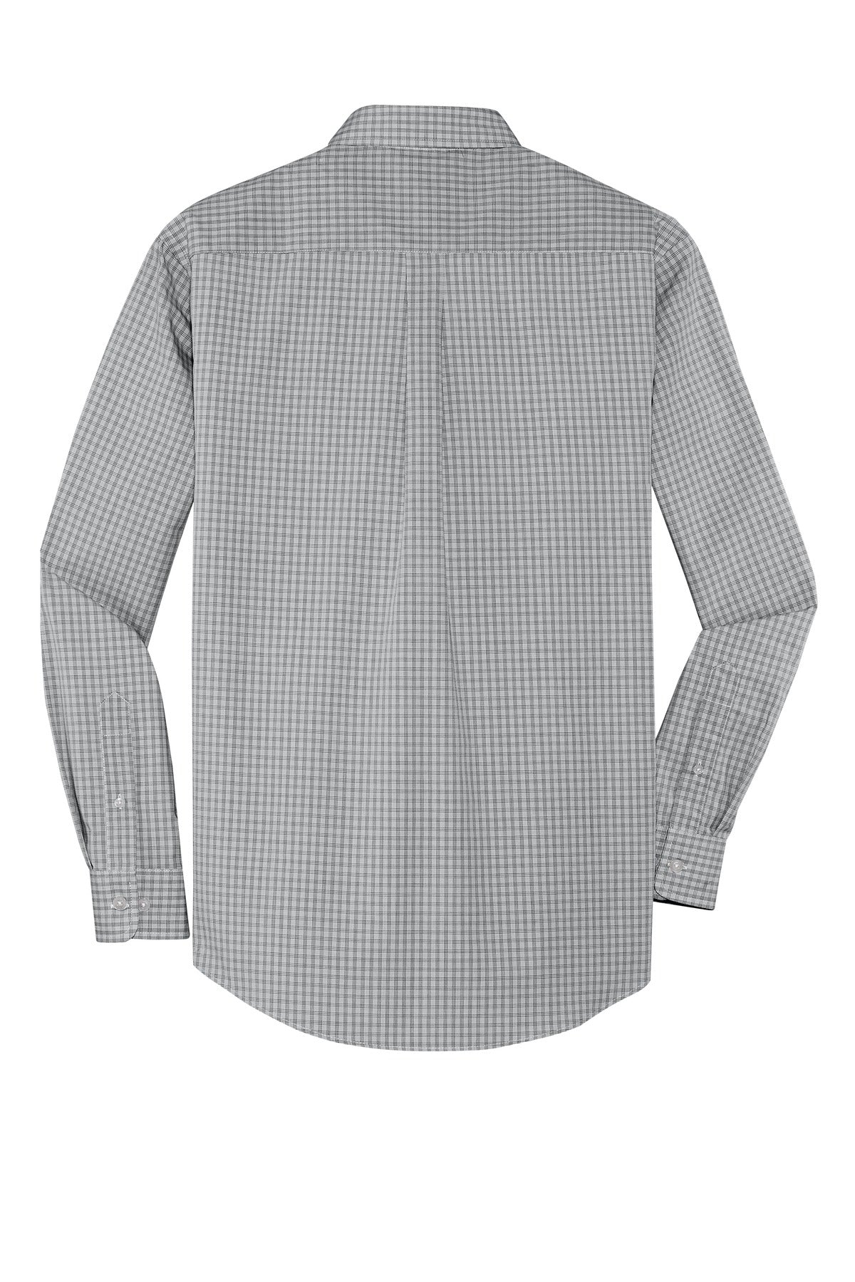 Rear View of Charcoal Port Authority Plaid Pattern Easy Care Shirt. S639
