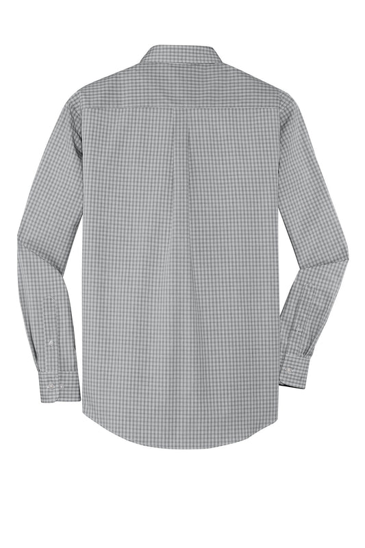 Rear View of Charcoal Port Authority Plaid Pattern Easy Care Shirt. S639
