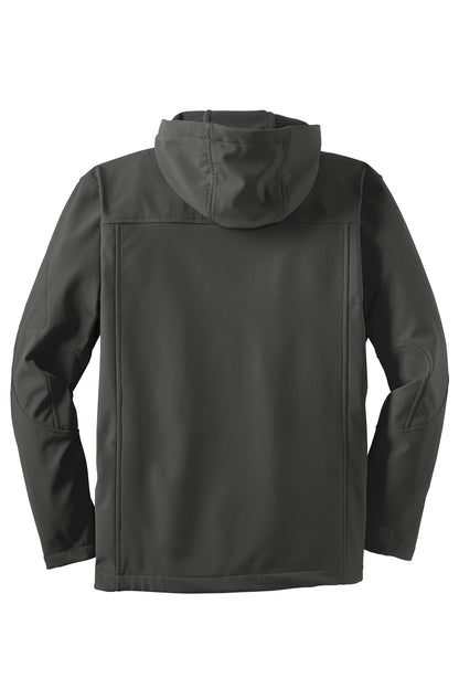 Rear View of Charcoal Port Authority Textured Hooded Soft Shell Jacket. J706