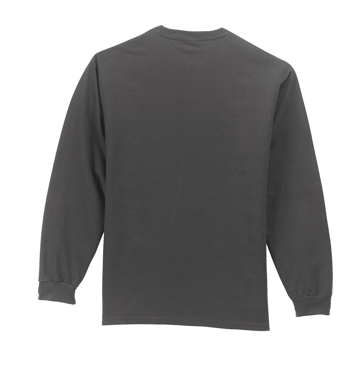 Rear View of Charcoal Port & Company Tall Long Sleeve Essential Pocket Tee. PC61LSPT
