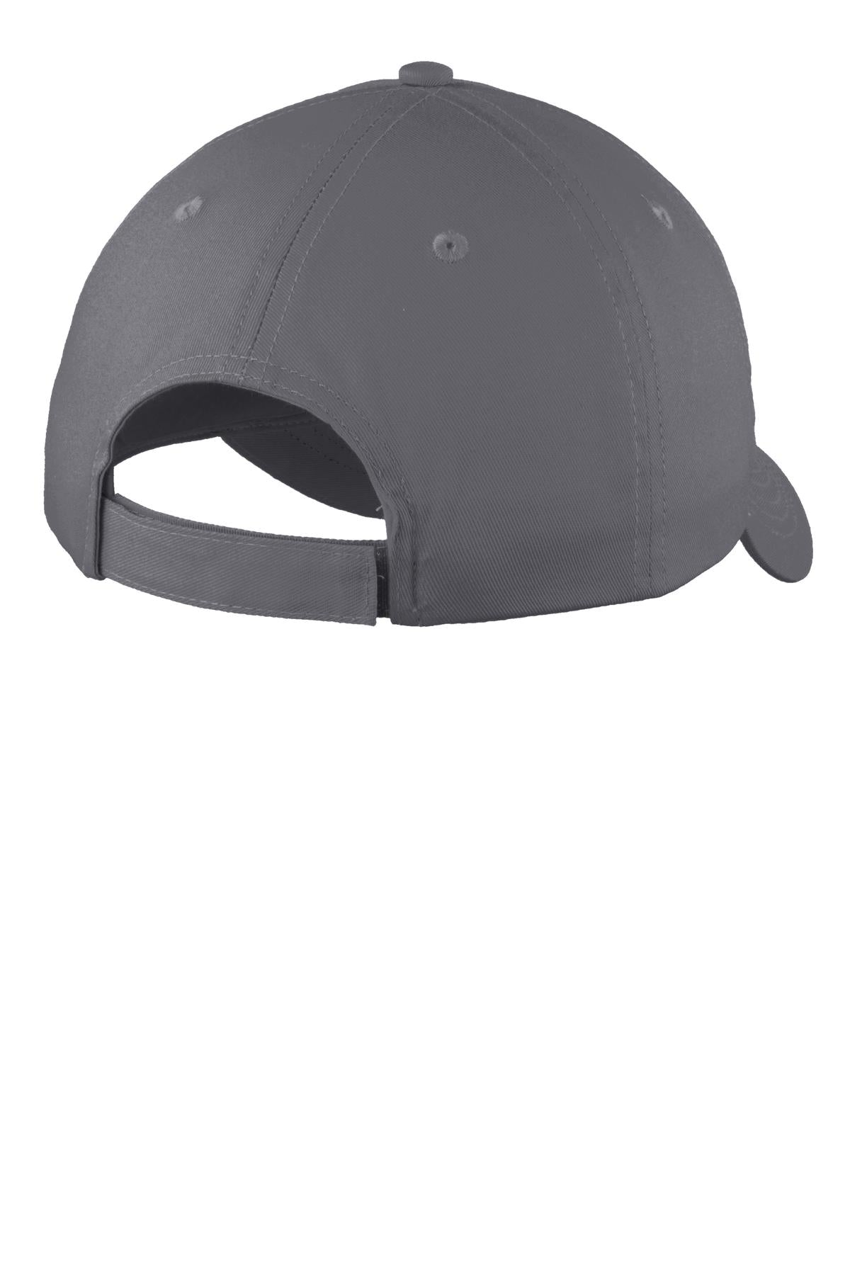 Rear View of Charcoal Port & Company Youth Six-Panel Unstructured Twill Cap. YC914