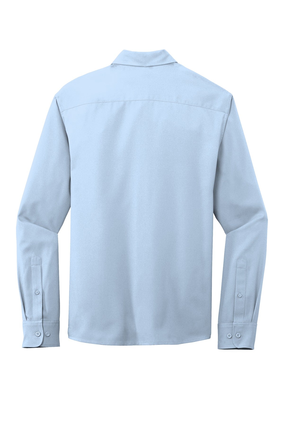 Rear View of Cloud Blue Port Authority Long Sleeve Performance Staff Shirt W401