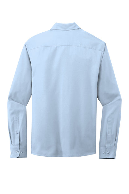 Rear View of Cloud Blue Port Authority Long Sleeve Performance Staff Shirt W401