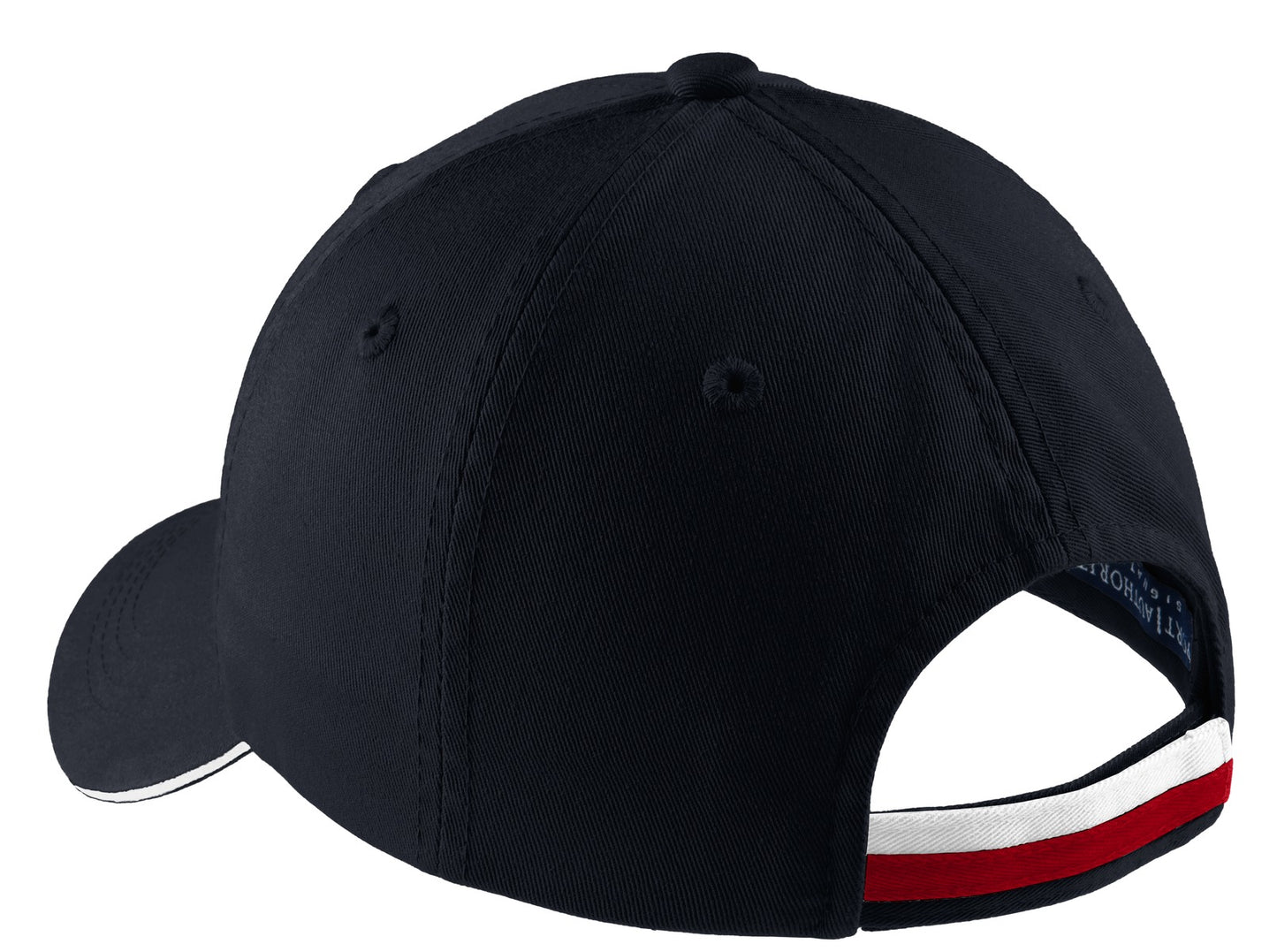 Rear View of Clsc Ny/Red/Wh Port Authority Sandwich Bill Cap with Striped Closure. C830
