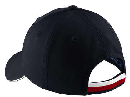 Rear View of Clsc Ny/Red/Wh Port Authority Sandwich Bill Cap with Striped Closure. C830