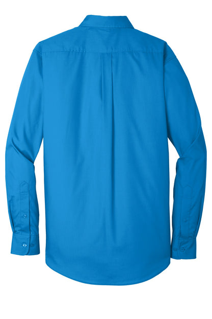 Rear View of Coastal Blue Port Authority Long Sleeve Carefree Poplin Shirt. W100