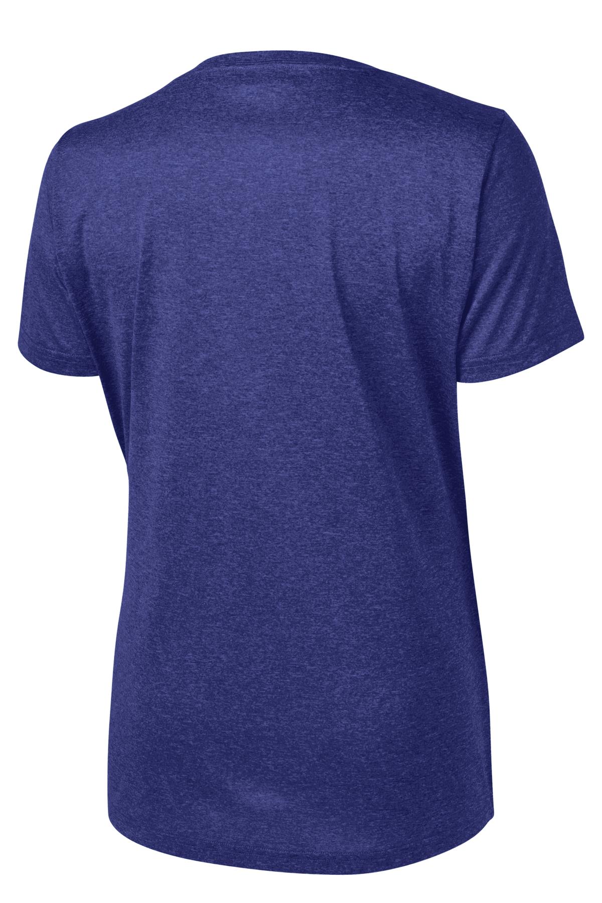 Rear View of Cobalt Hthr Sport-Tek Women's Heather Contender Scoop Neck Tee. LST360